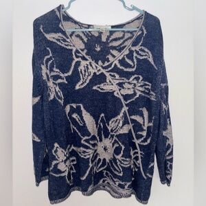 Coldwater Creek Blue and Cream Floral V-Neck 100% Cotton Sweater Size Large